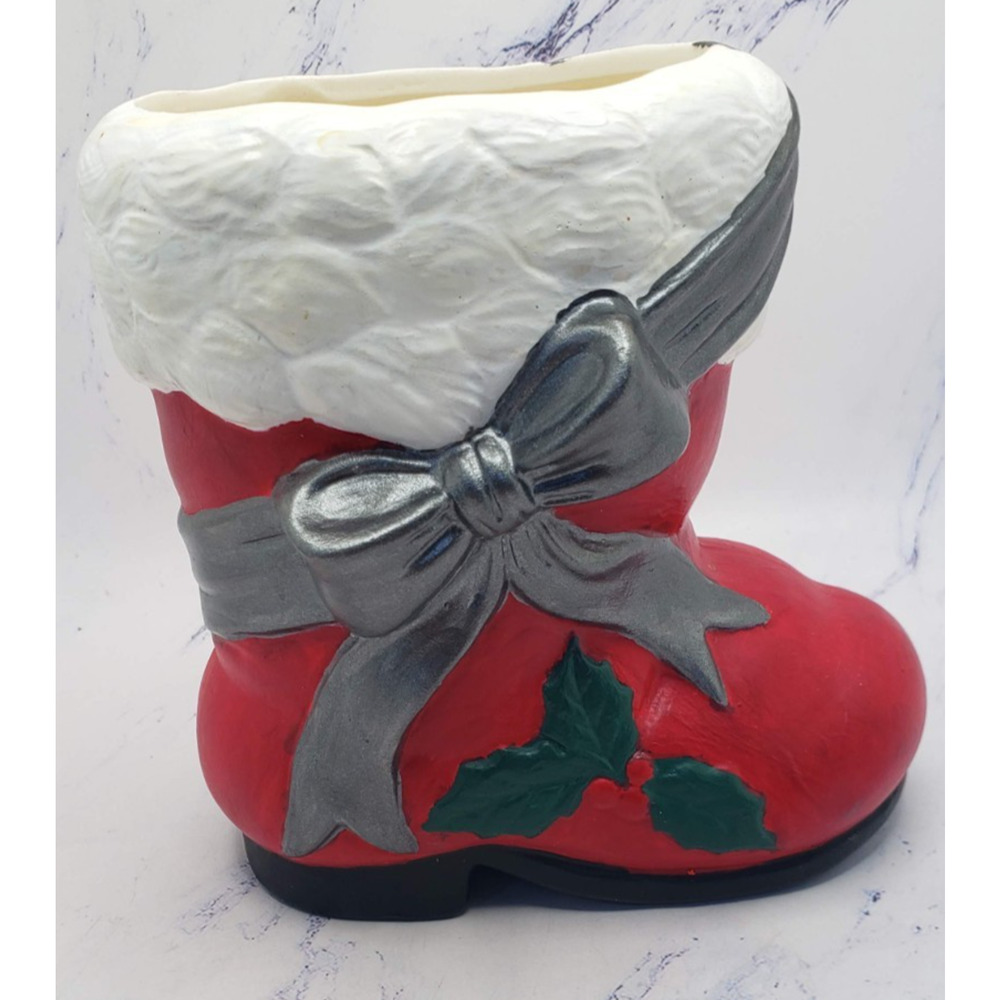 Santa's Red Boot With Silver Bow Ceramic Earthenware Christmas Holiday Planter